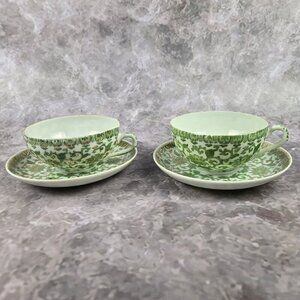 Vintage Nakajima Set of 2 Cups & Saucers Porcelain Green & Gold Pattern Asian